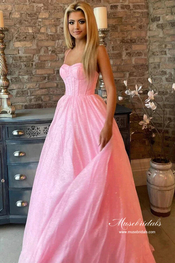 Shiny Tulle A-line Spaghetti Straps Sweetheart Long Prom Dresses