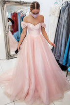 Tulle A-line Off Shoulder Long Prom Dresses, Evening Gown With Train