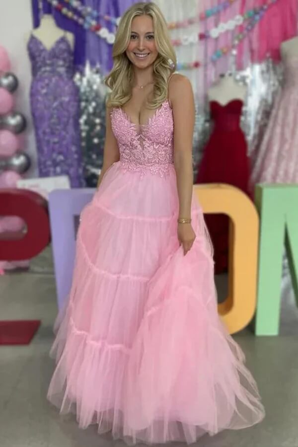 Vestidos de fiesta de tul con escote en V, tirantes finos y apliques de encaje con corte A