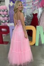 Vestidos de fiesta de tul con escote en V, tirantes finos y apliques de encaje con corte A