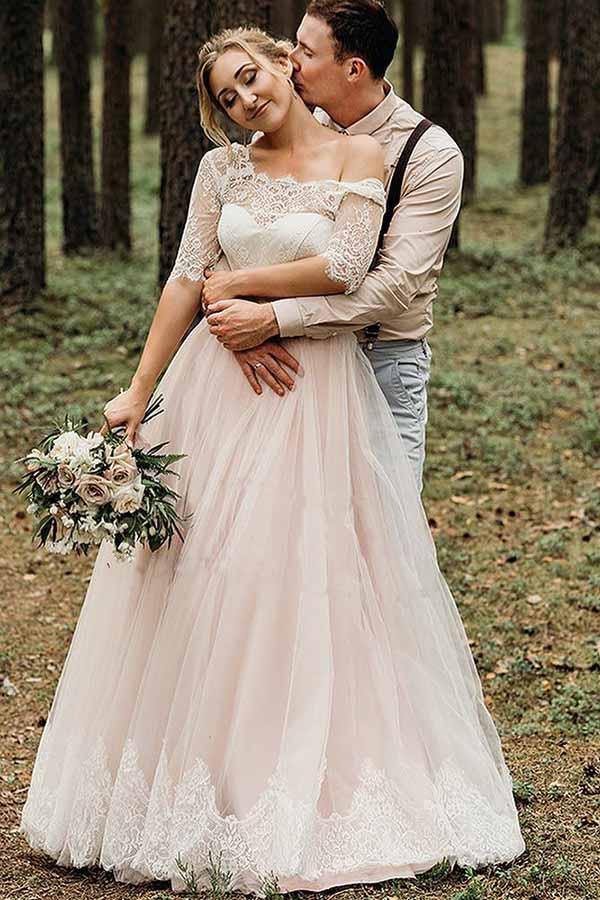 Rosa Brautkleid aus Tüllspitze mit rückenfreiem Rücken, halben Ärmeln und Schnürung
