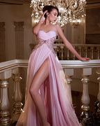 Tulle Maxi Prom Dresses with Spaghetti Strap Beaded Waist High Slit for Prom and Red Carpet