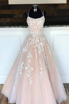 Tulle Princess Spaghetti Straps A-line Lace Appliques Prom Dresses