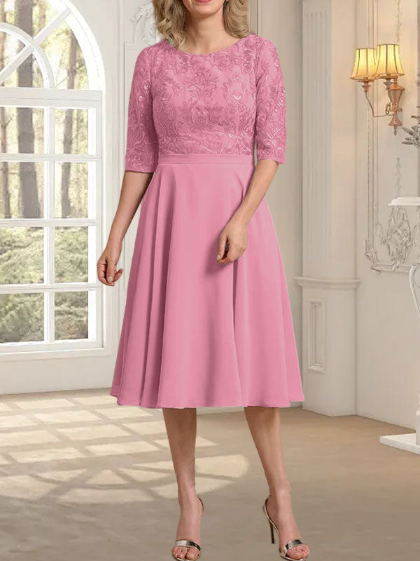 A-Linien-Kleid aus Chiffon mit Rundhalsausschnitt und knielangem Schnitt – das perfekte Kleid für die Mutter der Braut