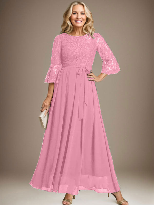 A-Linien-Kleid aus Chiffon mit Rundhalsausschnitt und Schleife, knöchellang, für die Mutter der Braut