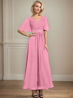 A-Linien-Chiffonkleid mit V-Ausschnitt, Knöchellänge, plissierten Pailletten und Perlenstickerei für die Mutter der Braut