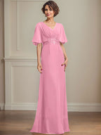 A-Linien-Kleid aus Chiffon mit V-Ausschnitt, bodenlang, für die Mutter der Braut, mit plissierten Paillettenapplikationen und Spitze