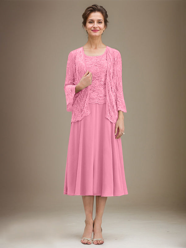 Vestido de gasa con encaje y lentejuelas para madre de la novia, corte A, escote redondo y largo hasta la rodilla 