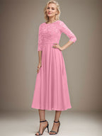 A-Linien-Kleid mit Rundhalsausschnitt, Teelänge, Spitze, Chiffon, Pailletten, für die Mutter der Braut