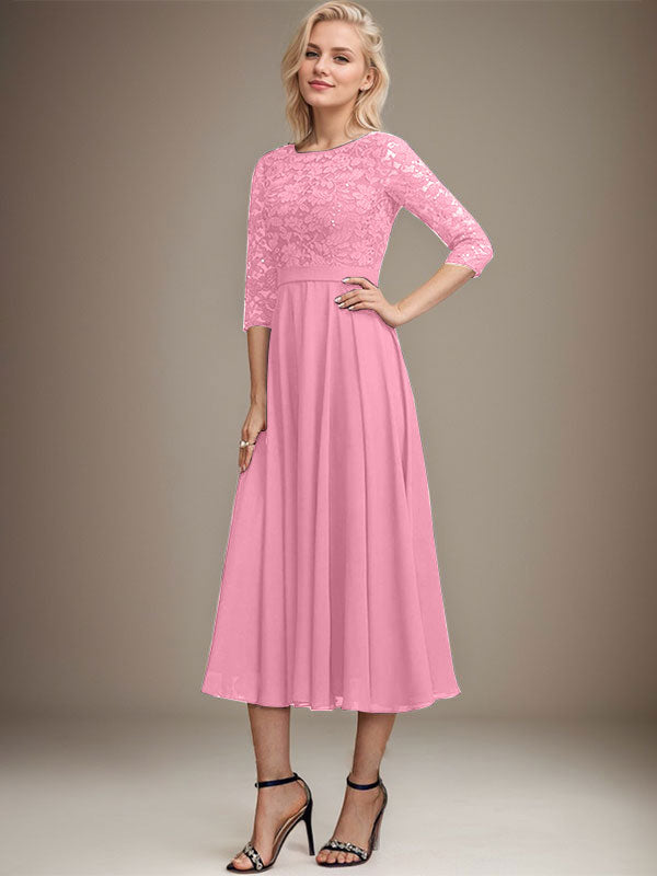 Vestido de gasa con encaje y lentejuelas para madre de la novia, corte A, escote redondo y largo hasta la rodilla