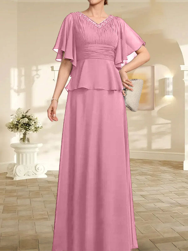Vestido de gasa para madre de la novia, corte A, escote en V, largo hasta el suelo, con cuentas plisadas