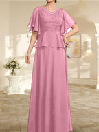 Vestido de gasa para madre de la novia, corte A, escote en V, largo hasta el suelo, con cuentas plisadas