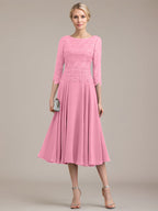 A-Linien-Kleid aus Chiffon mit Rundhalsausschnitt und Teelänge für die Mutter der Braut 