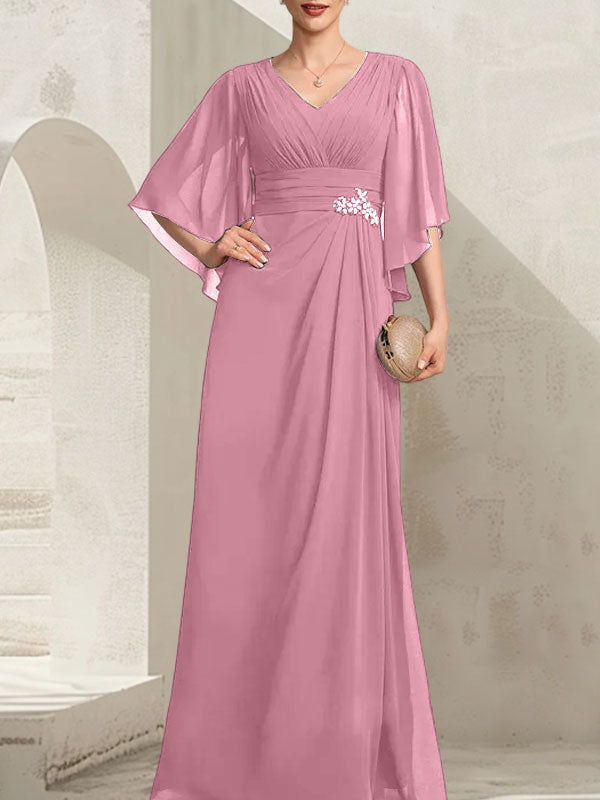 Vestido de gasa para madre de la novia, con escote en V, largo hasta el suelo, con lentejuelas plisadas y abalorios.