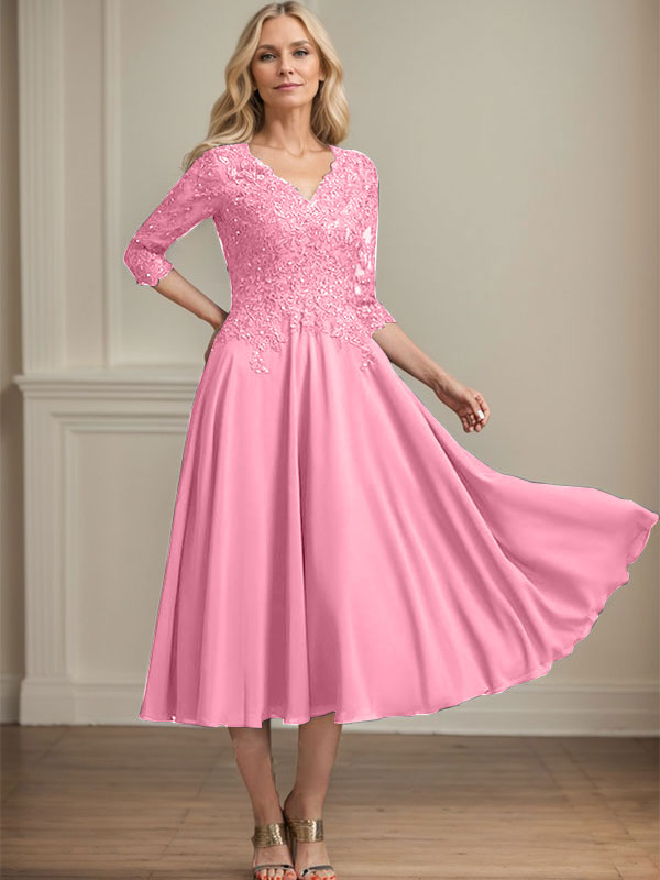 Vestido de gasa con encaje y escote en V, largo hasta la rodilla, para madre de la novia, con lentejuelas y abalorios 