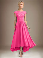 A-Linien-Kleid aus Chiffon mit asymmetrischem, plissiertem Spitzeneinsatz und Illusion-Ausschnitt für die Mutter der Braut 