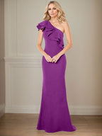 Vestido de gasa para madre de la novia, corte A, un hombro, largo hasta el suelo, con volantes 