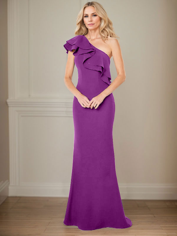 Vestido de gasa para madre de la novia, corte A, un hombro, largo hasta el suelo, con volantes 