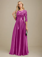 A-Linien-Kleid mit Illusion-Ausschnitt, bodenlang, aus Stretch-Satin und Spitze, verziert mit Schleife und Pailletten, für die Mutter der Braut 