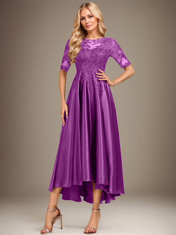 Vestido de madre de la novia de encaje satinado elástico asimétrico con ilusión de escote en A y lentejuelas 