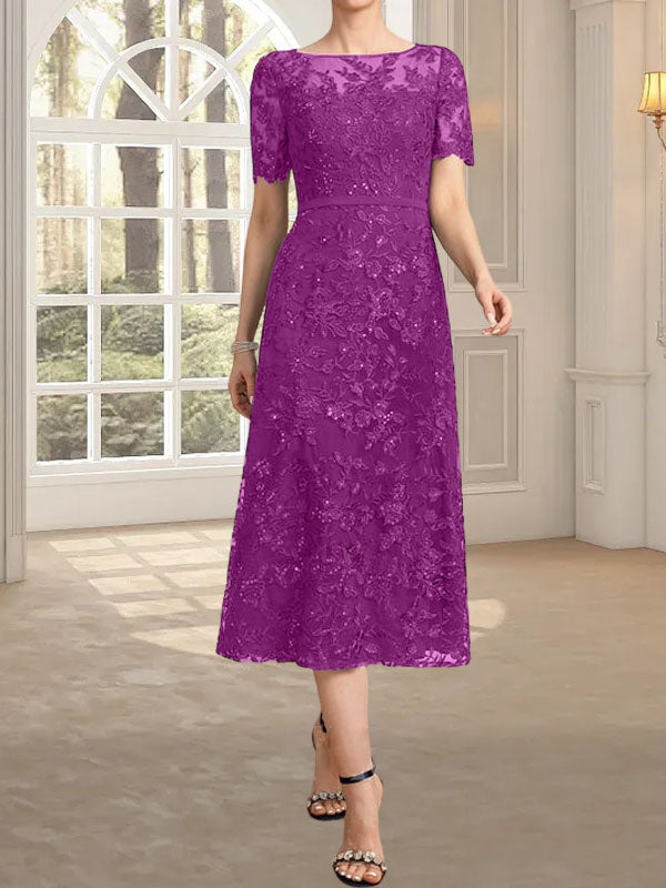 A-Linien-Kleid mit Rundhalsausschnitt, Illusion-Ausschnitt, Teelänge, Spitze und Pailletten für die Mutter der Braut
