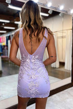 Plunging V-Neck Lavender Appliques Illusion Homecoming Dress