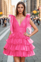 Vestido de fiesta de bienvenida con escote pronunciado, mangas con lazo y volantes