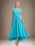 A-Linien-Kleid aus Chiffon mit asymmetrischem, plissiertem Spitzeneinsatz und Illusion-Ausschnitt für die Mutter der Braut 