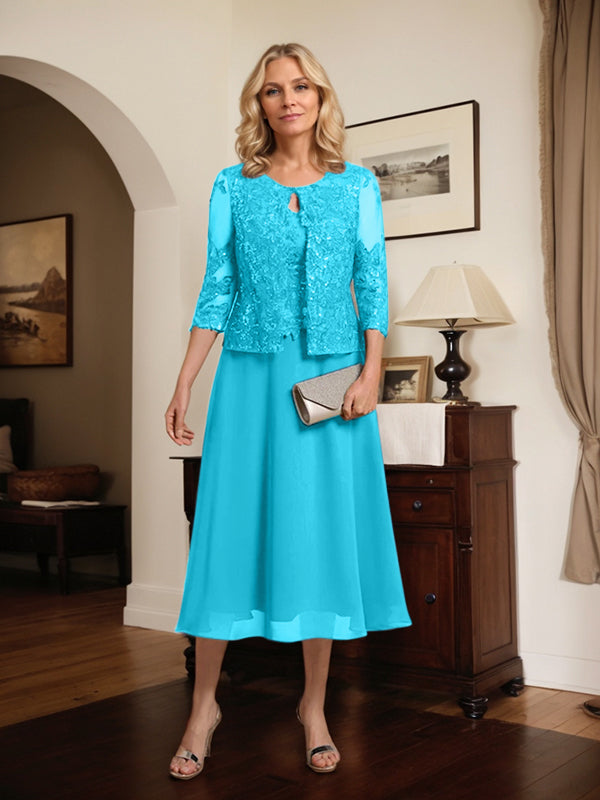 Vestido de gasa con encaje y lentejuelas para madre de la novia, corte A, escote redondo y largo hasta la rodilla 