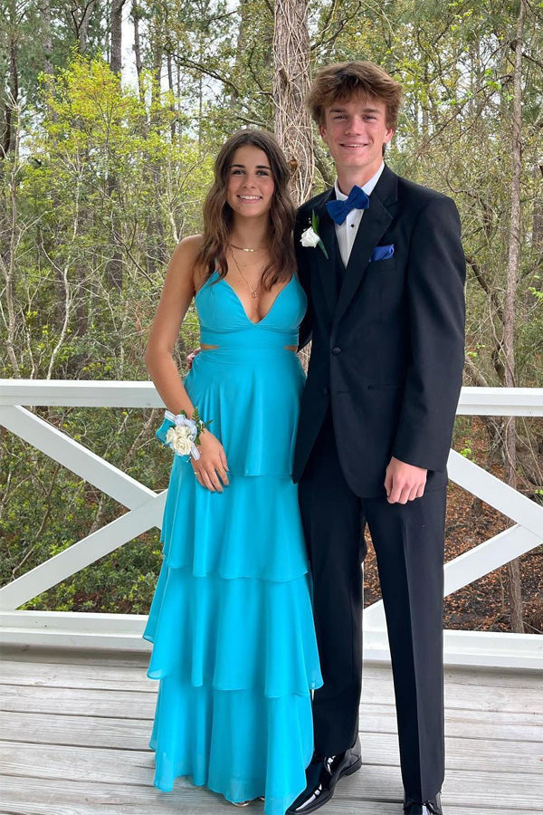 Hübsches, gestuftes Chiffon-Abendkleid in Blau mit Cutouts, Partykleid PSK610
