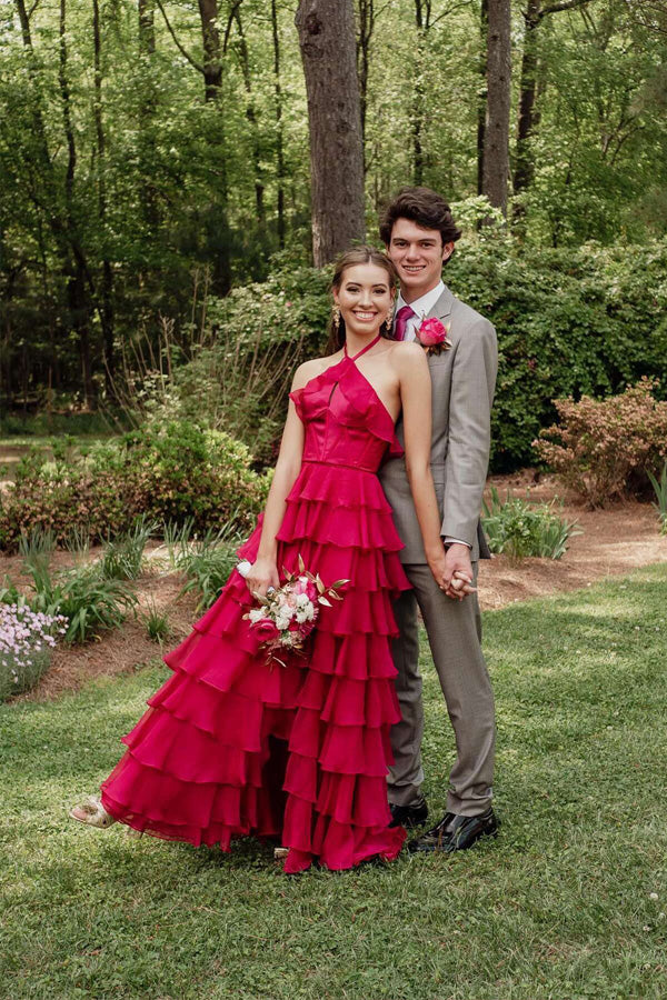 Pretty Halter Neck Ruffle Fuchsia Long Prom Dress