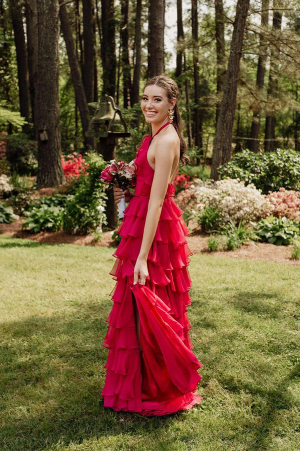 Pretty Halter Neck Ruffle Fuchsia Long Prom Dress