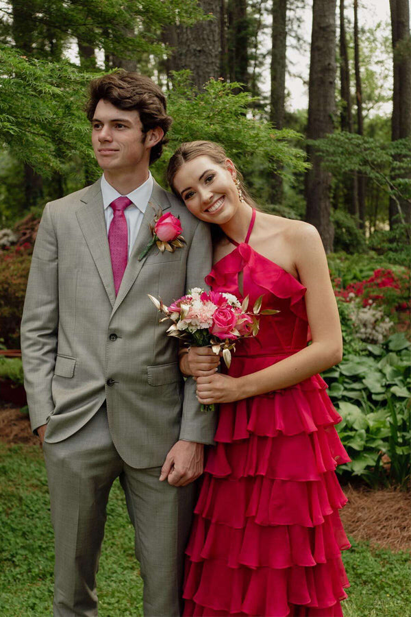 Pretty Halter Neck Ruffle Fuchsia Long Prom Dress