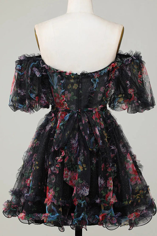 Hübsches fuchsiafarbenes A-Linien-Prinzessinnen-Heimkehrkleid mit Puffärmeln