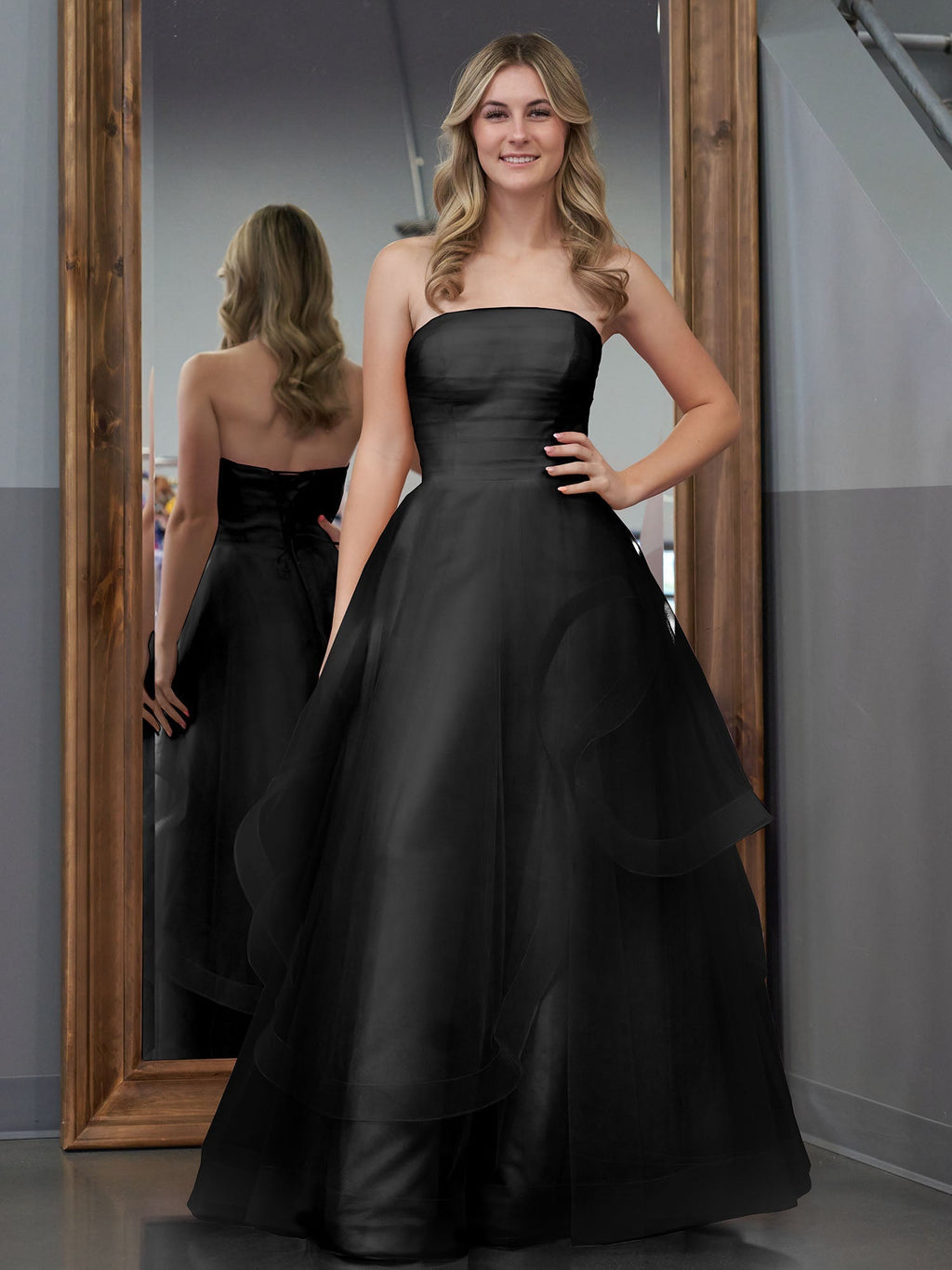 Light Pink A Line Strapless Organza Prom Dress