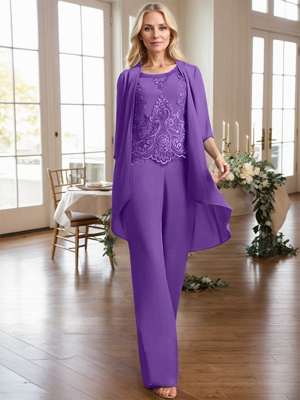 Vestido de madre de la novia de gasa con encaje, escote redondo y lentejuelas y mono/pantalón separado 
