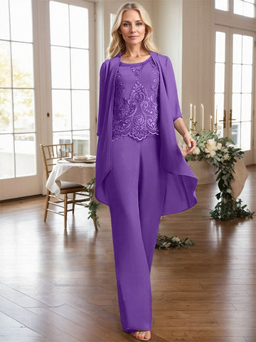 Zweiteiliges Jumpsuit-/Hosenanzug-Set, bodenlanges Chiffon-Spitzenkleid mit Perlen- und Paillettenstickerei für die Mutter der Braut 