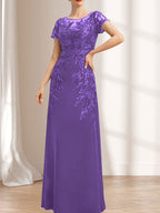 Etuikleid/Säulenkleid mit Illusion-Ausschnitt, bodenlang, aus Chiffon und Spitze mit Pailletten für die Mutter der Braut