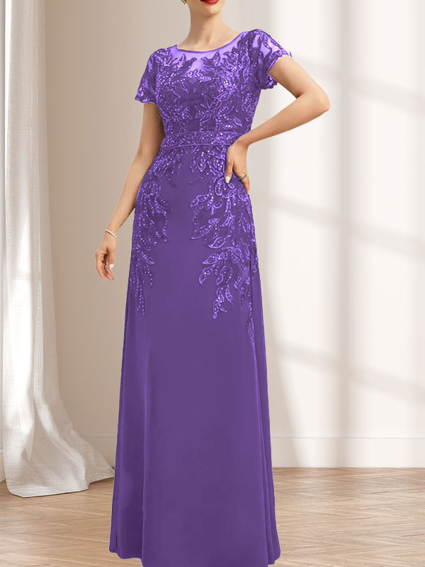 Vestido de gasa con encaje y lentejuelas para madre de la novia, largo hasta el suelo, con escote redondo e ilusión