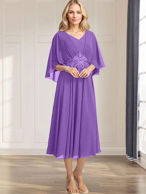 A-Linien-Kleid aus Chiffon mit V-Ausschnitt, Teelänge, plissierten Paillettenapplikationen und Perlenstickerei für die Mutter der Braut 