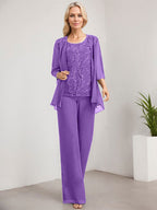 Zweiteiliger Jumpsuit/Hosenanzug, bodenlanges Chiffon-Kleid mit Spitze und Pailletten für die Mutter der Braut