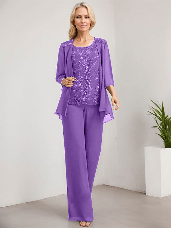 Vestido de madre de la novia de gasa con encaje y lentejuelas, con escote redondo y largo hasta el suelo, con mono/pantalón separado