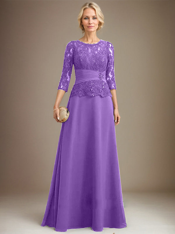 A-Linien-Kleid mit U-Boot-Ausschnitt, Illusion-Detail, bodenlang, aus Chiffonspitze, mit plissierten Pailletten und Perlenstickerei für die Mutter der Braut. 