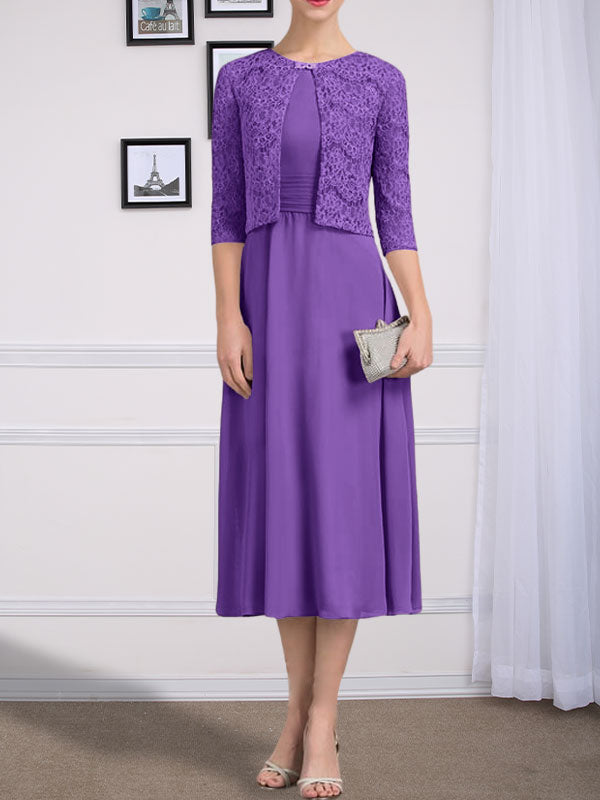 Vestido de gasa para madre de la novia, corte A, escote redondo, largo hasta la rodilla, con pliegues