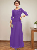 A-Linien-Kleid mit U-Boot-Ausschnitt, Illusion-Detail, knöchellang, aus Chiffon und Spitze mit Strassperlen für die Mutter der Braut. 