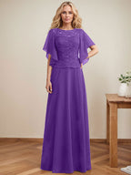 A-Linien-Kleid mit Rundhalsausschnitt, Illusion-Effekt, bodenlang, aus Chiffon und Spitze mit Pailletten – das perfekte Brautmutterkleid 