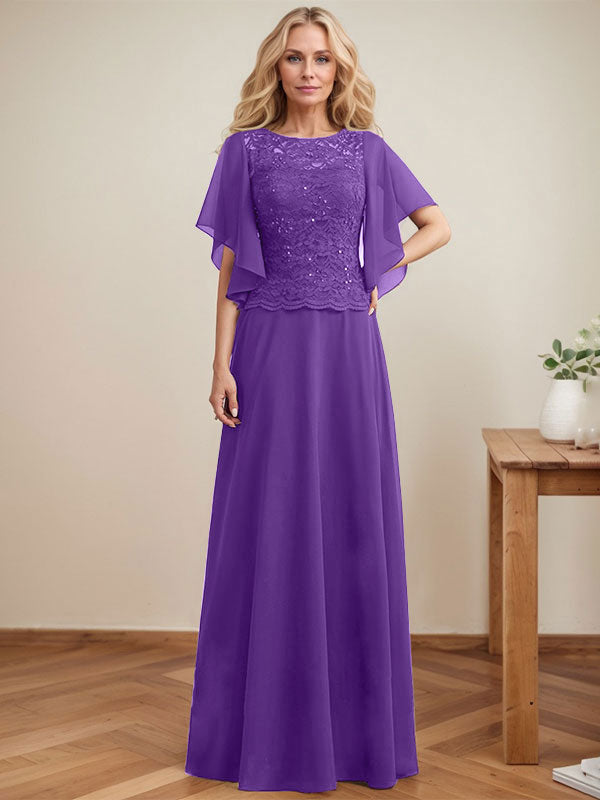Vestido de madre de la novia de gasa con encaje, ilusión, largo hasta el suelo, corte A y lentejuelas 