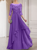 A-Linien-Kleid mit U-Boot-Ausschnitt, Illusion-Effekt, bodenlang, aus Chiffon und Spitze, mit Kaskadenrüschen – perfekt für die Mutter der Braut