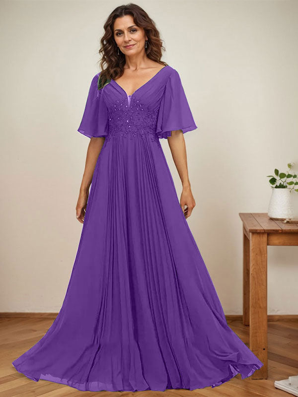 A-Linien-Kleid aus Chiffon mit V-Ausschnitt, bodenlang, mit Paillettenapplikationen, Spitze und Falten für die Mutter der Braut 