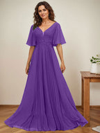 A-Linien-Kleid aus Chiffon mit V-Ausschnitt, bodenlang, mit Paillettenapplikationen, Spitze und Falten für die Mutter der Braut 